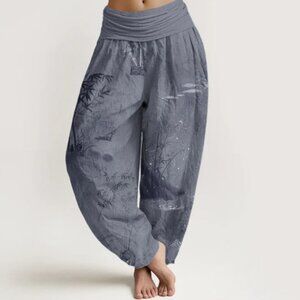 Buddha Stones bamboo rock ink painting women's elastic waist harem pants